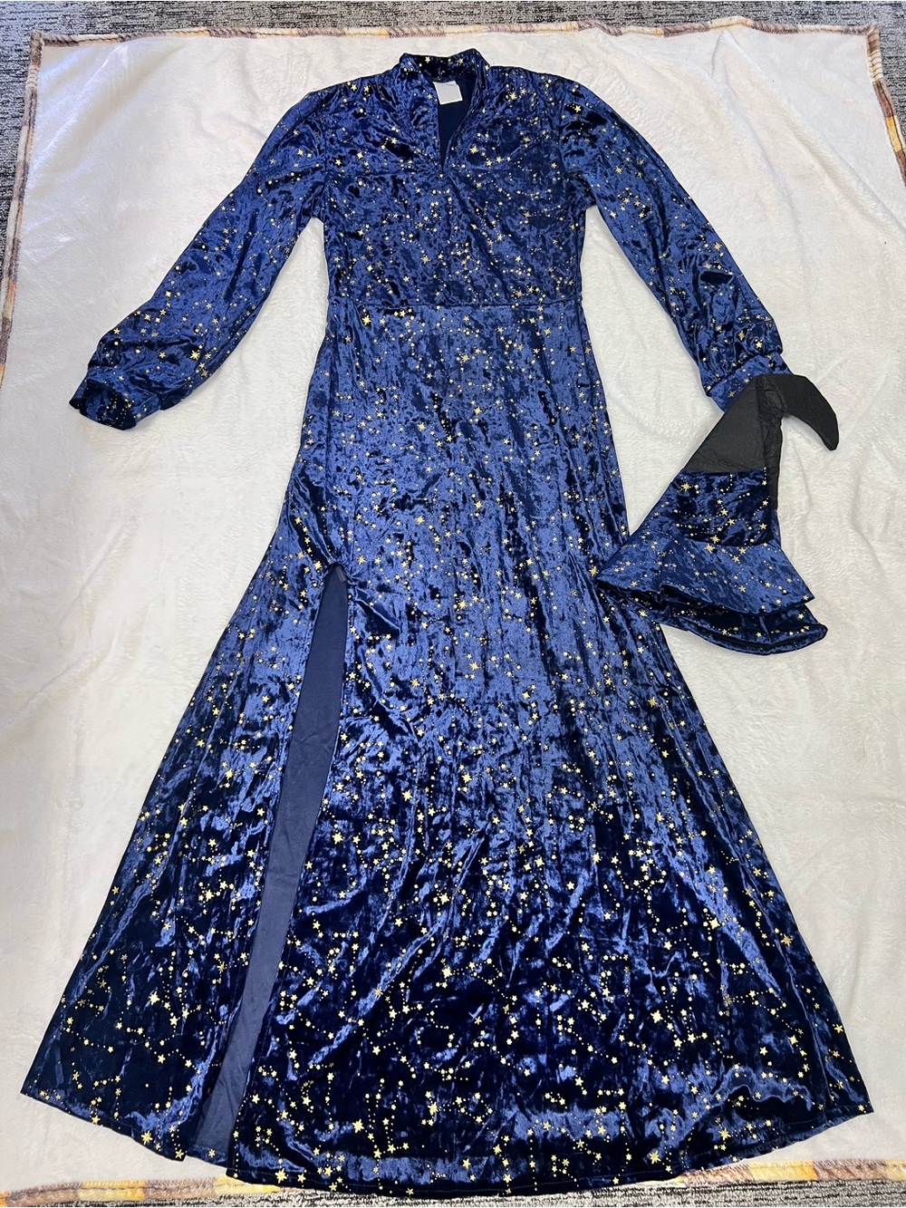 Women’s costume witch Star-Embellished Navy Velvet Maxi Dress with Long Sleeves